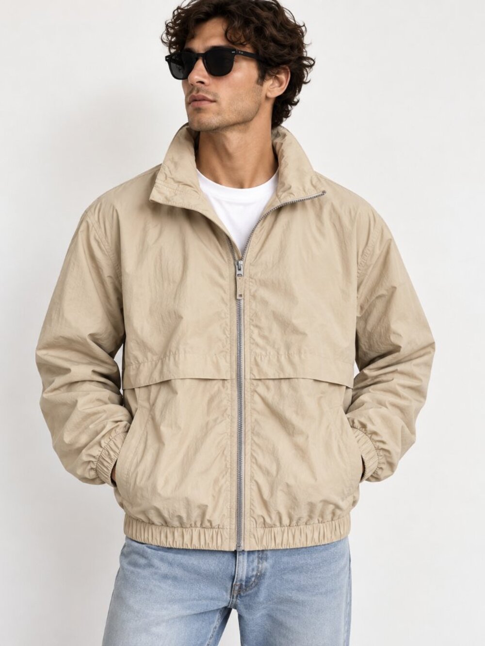 H&M Men’s Large Beige Lightweight Windbreaker Jacket Full Zip Relaxed Fit